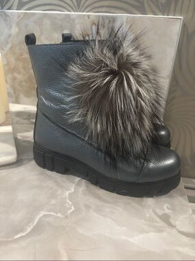 Sheridan Mia Black Leather Ankle Boots with Gray Fur Pom
